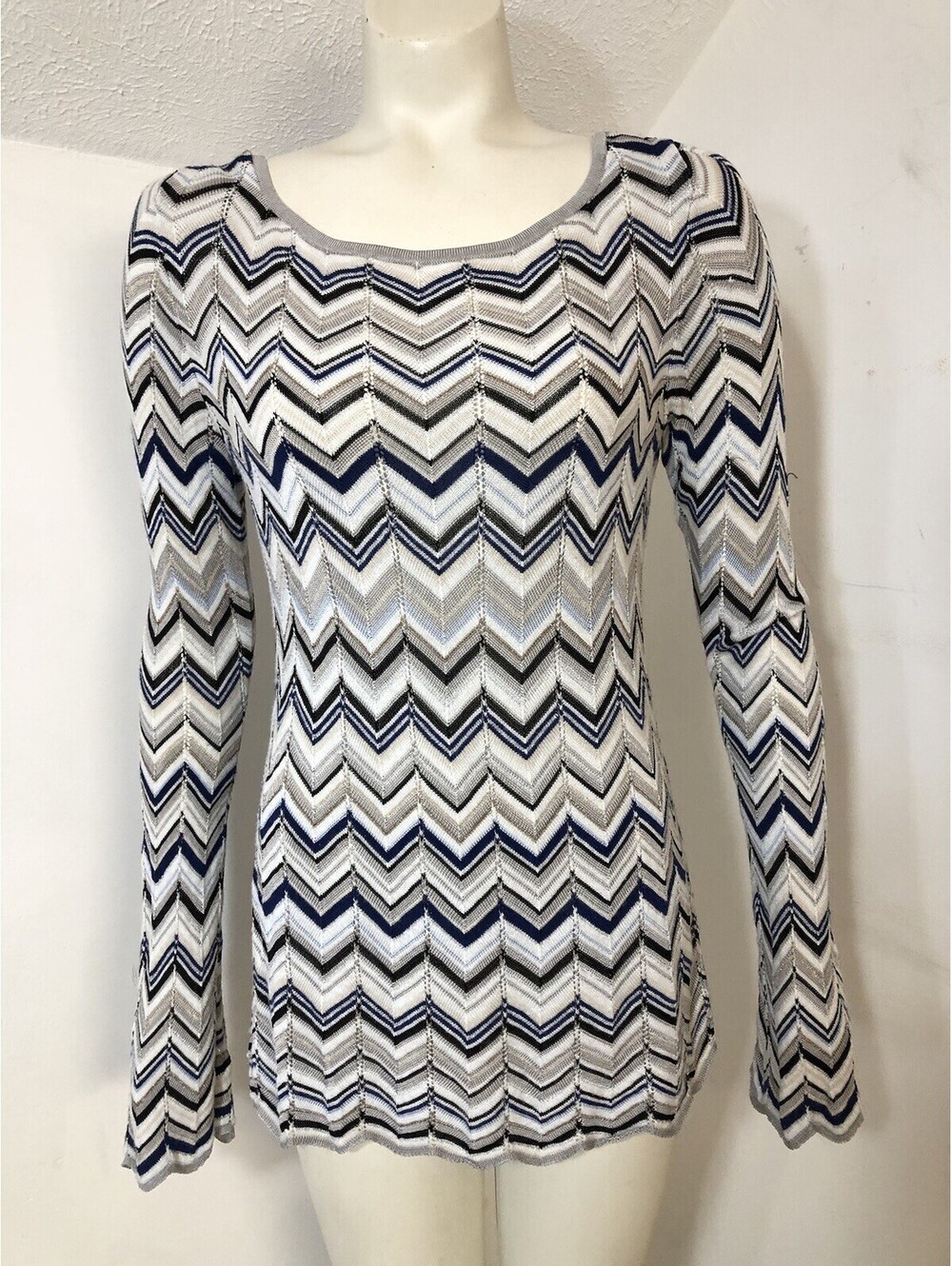 White House Black Market Womens Med Grey White Blue Sweater Strappy Back Bell